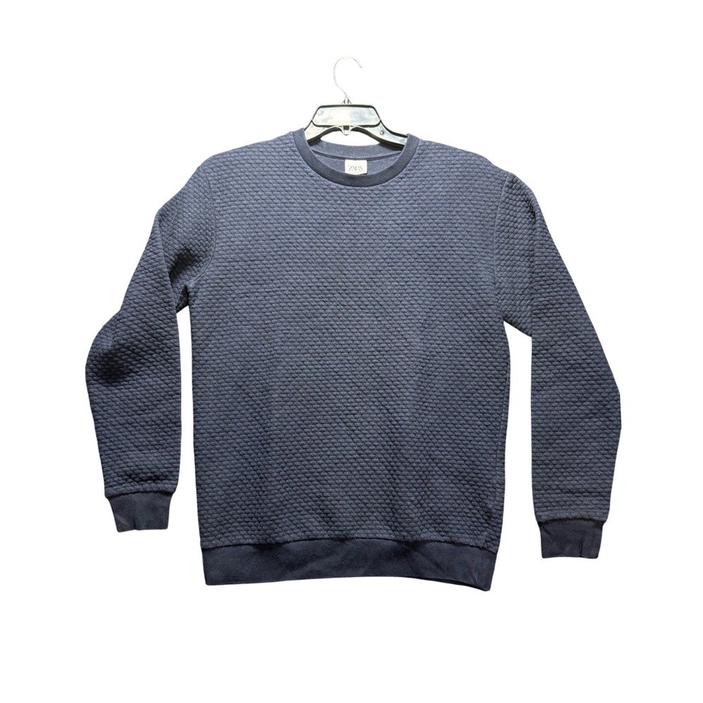 ZARA Waffle Knit Sweatshirt Mens Size M Navy Blue Textured Pullover
